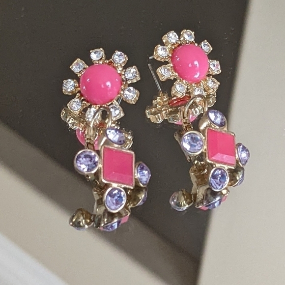 Art Deco Statement Gold Pink & Purple Stud Earring Set by JS - Picture 4 of 5